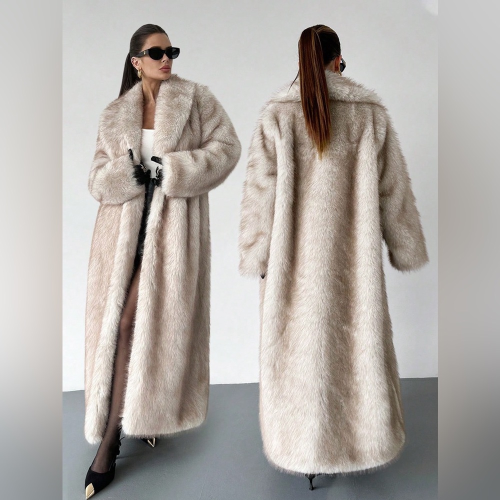 Luxury Vintage Style Longline Beige Faux Fur Glam Coat Winter Cream Tan